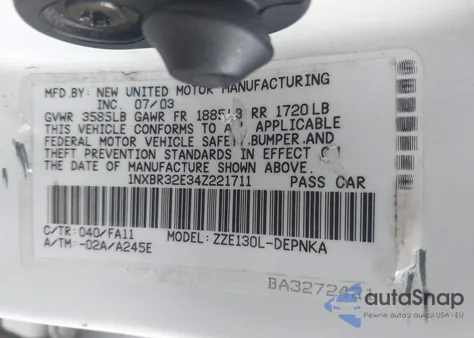 2004 Toyota Corolla Le z USA, uszkodzony, nr VIN 1NXBR32E34Z221711